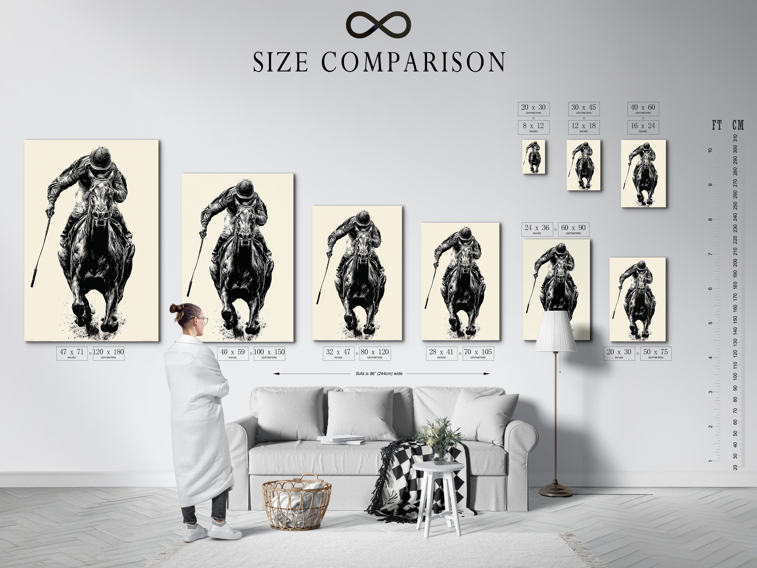 A size comparison chart displayed in an interior setting. The chart helps visualize different print sizes for your artwork. Find the perfect size to fit your space. Visualize the impact of our artwork in your home.