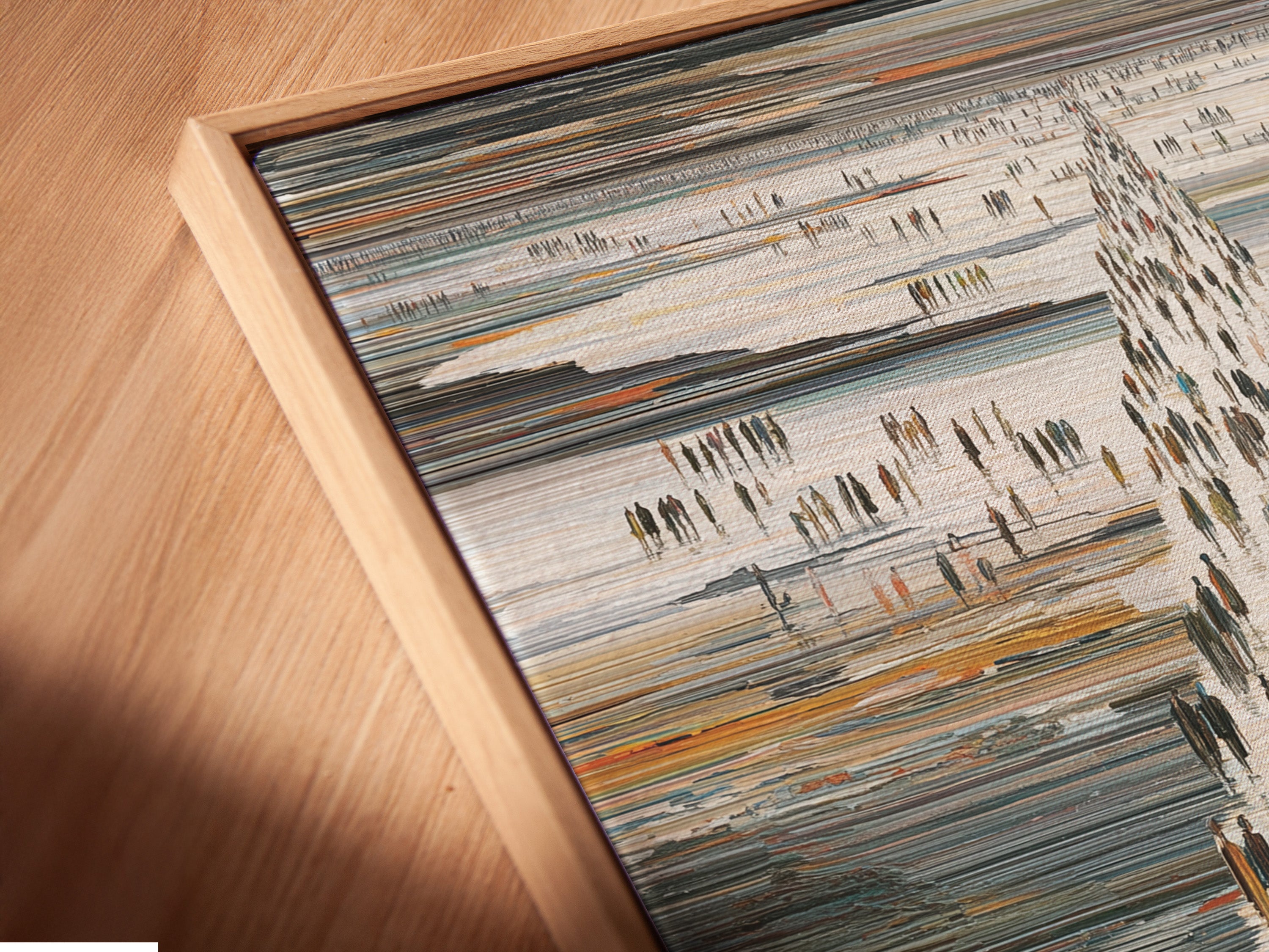 A close-up angled view reveals the canvas print in a floating frame. The abstract figures artwork appears to float. This modern silhouette wall art enhances any room. Perfect for adding a contemporary touch.