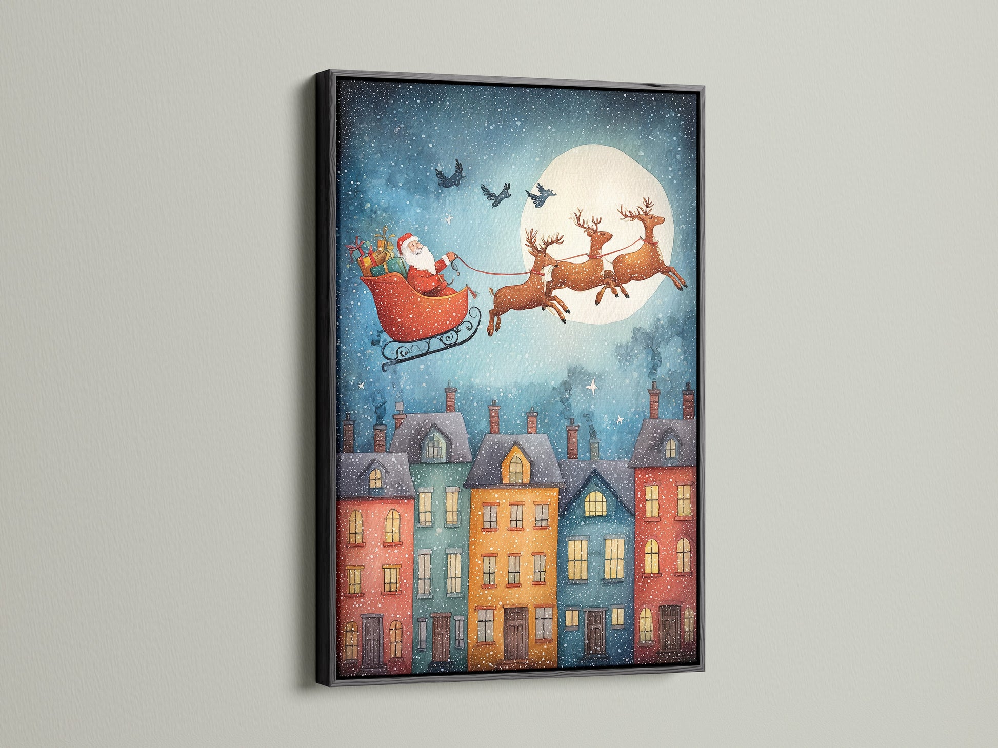 A black frame is displayed. This frame provides a modern look. Black enhances seasonal artwork. Consider this frame for your reindeer art. This frame makes the colors pop. It is ideal for a snow scene print. Black is great for living room wall art.