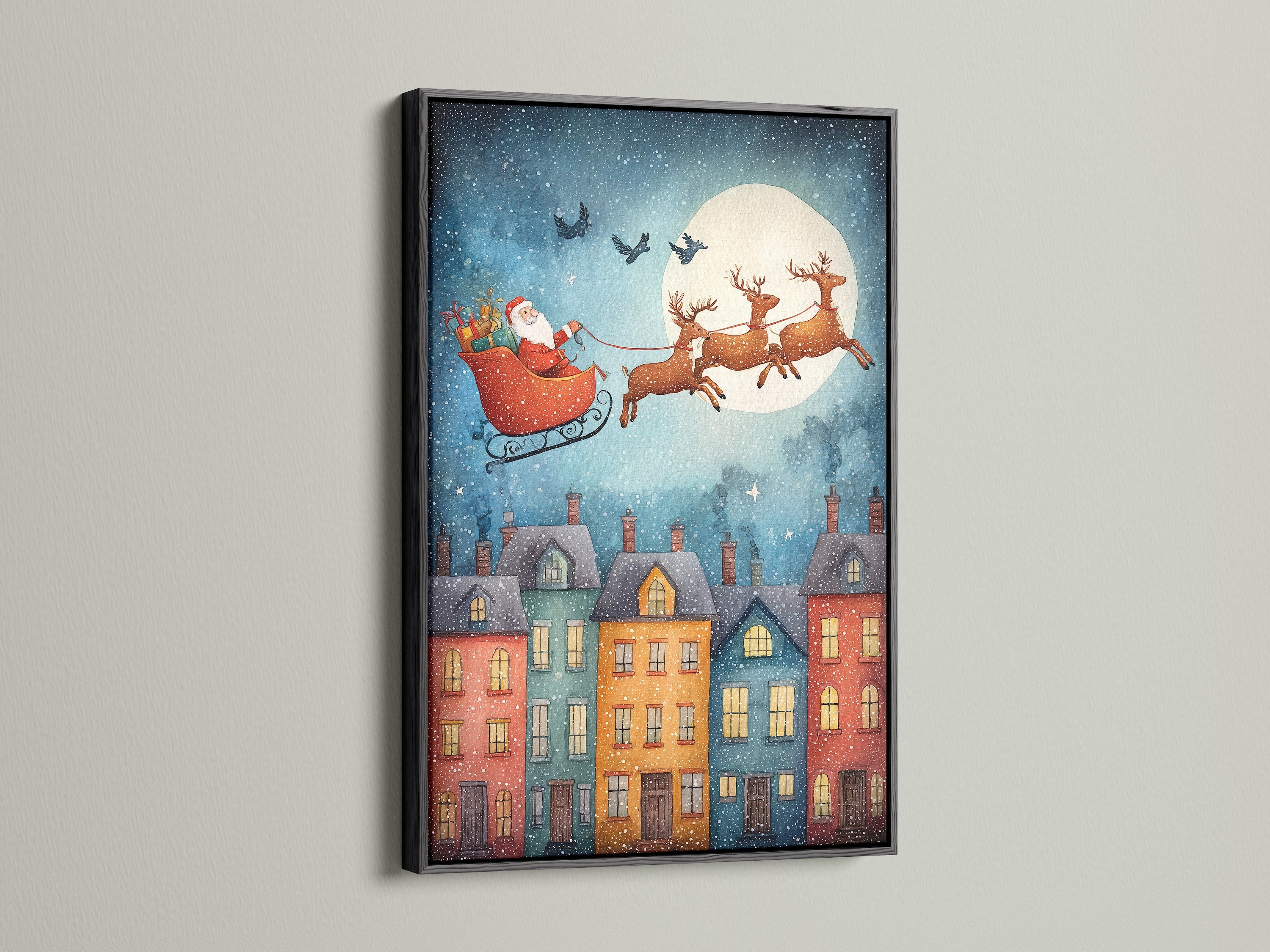 The Christmas Eve Santa Claus artwork is featured in a sleek black frame. This holiday print fits seamlessly into various decor styles. The winter holiday art enhances any space. It is a great addition to farmhouse decor.