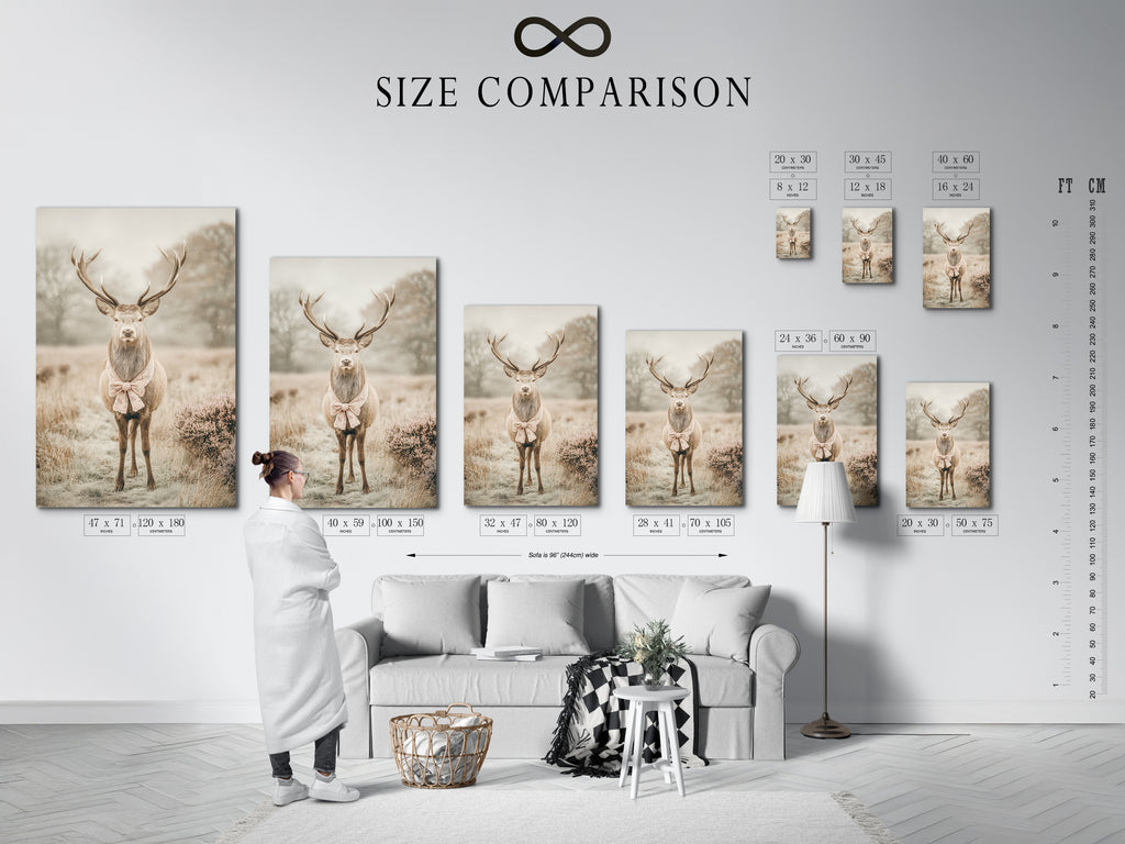 A size comparison chart is displayed in an interior setting. It helps visualize how the artwork will look in different sizes. Perfect for planning your wall decor. This chart is useful for choosing the right size for your space. It ensures the vintage deer art fits perfectly in your room. The artwork suits country farmhouse or eclectic decor styles.