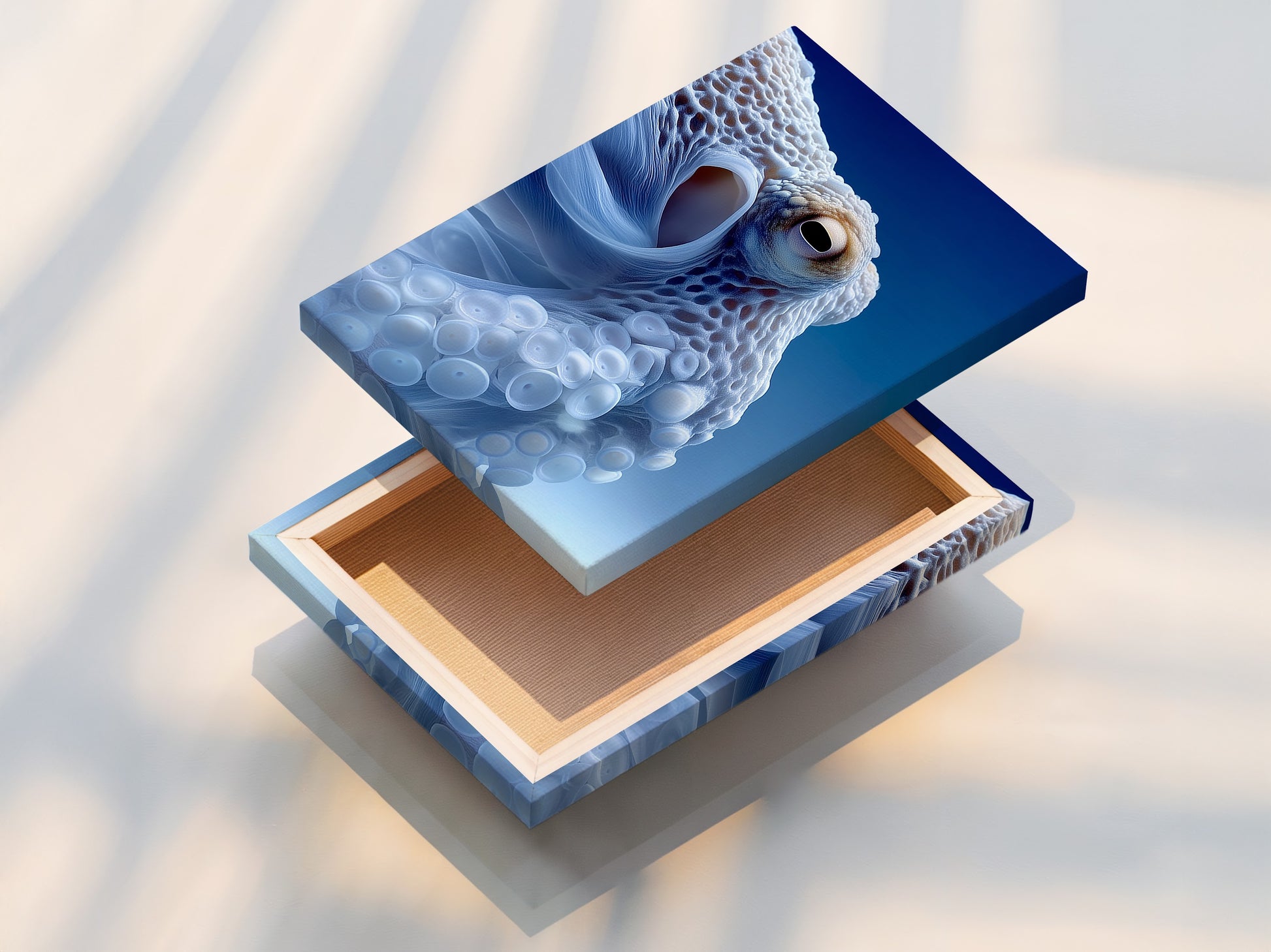 This is a stretched canvas print featuring an octopus art . The canvas texture enhances the abstract ocean design. Ready to hang this coastal artwork is perfect for instant decor. The sea creature art brings a touch of the ocean to your walls. It is a durable and stylish choice.