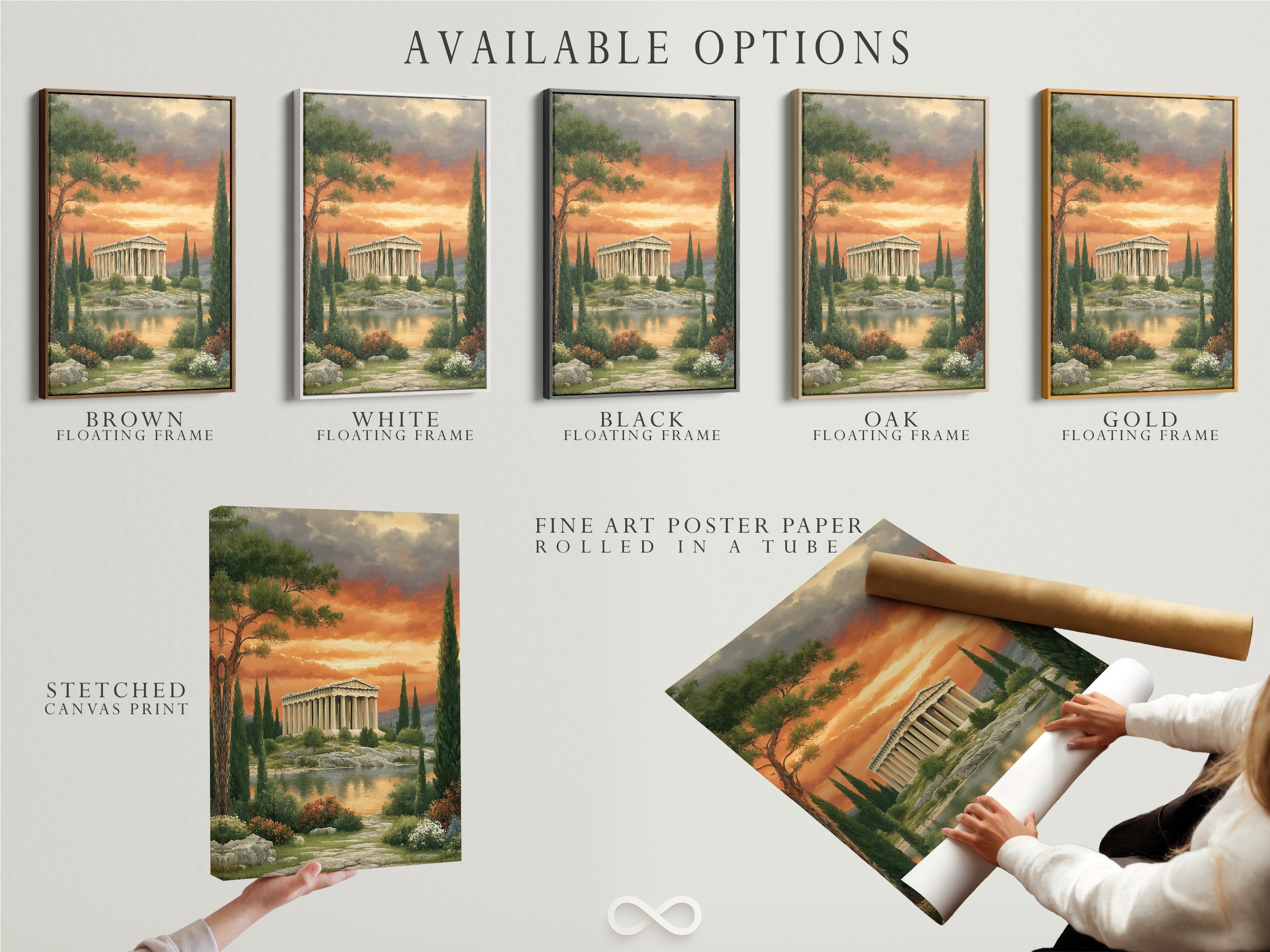 Available options for the Greek Temple artwork. Choose from a stretched canvas print fine art poster paper or floating frame. Customize this classical piece to fit your style. The Parthenon print is ideal for any space. Find the perfect option for your home or office decor.