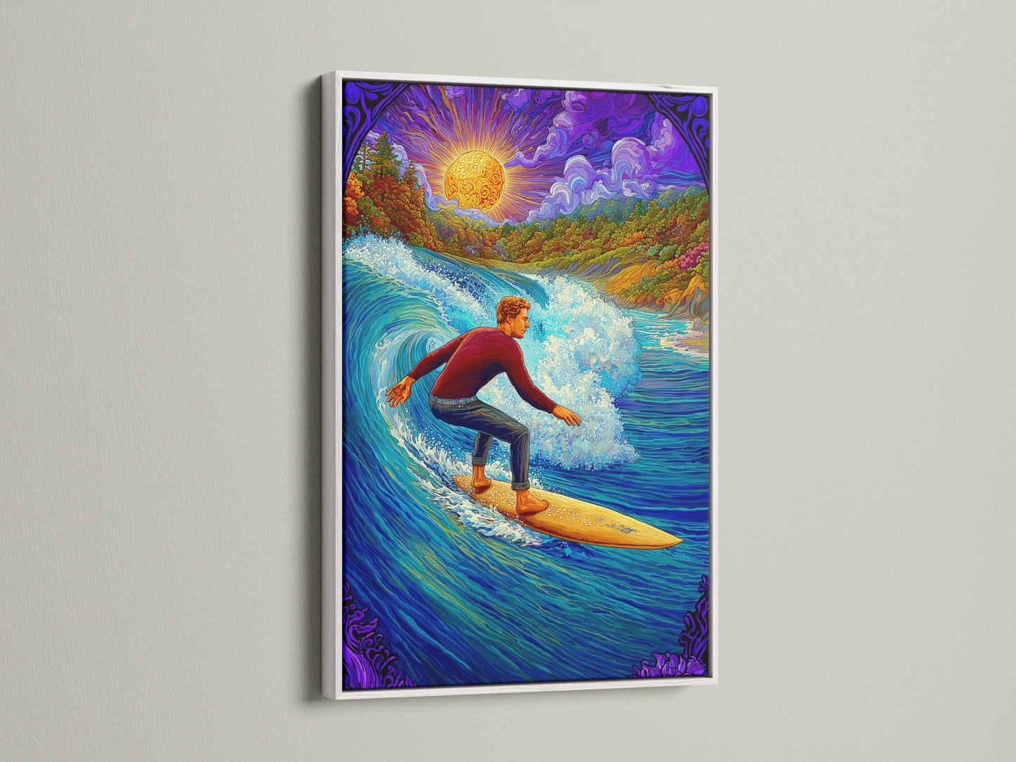 Impression d'art psychédélique surfeur - affiche vibrante de vague océanique, poster de surf coloré, décoration bohème de plage, œuvre d'art nature psychédélique