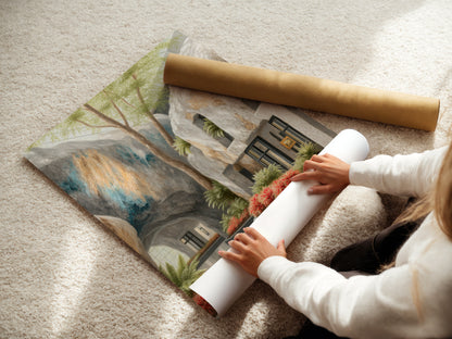 A woman carefully rolls fine art poster paper. She is preparing the Architectural Atrium artwork for display. This botanical garden art is ready to bring a modern touch. The fine art poster is perfect for any plant lover. The sunlit courtyard print will add peace to your decor.