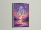 Crystal Fantasy Art Print in a gold frame. The gold frame adds an elegant touch to this mystical purple landscape. This surreal artwork is perfect for creating a magical ambiance. The crystal canvas enhances any space.