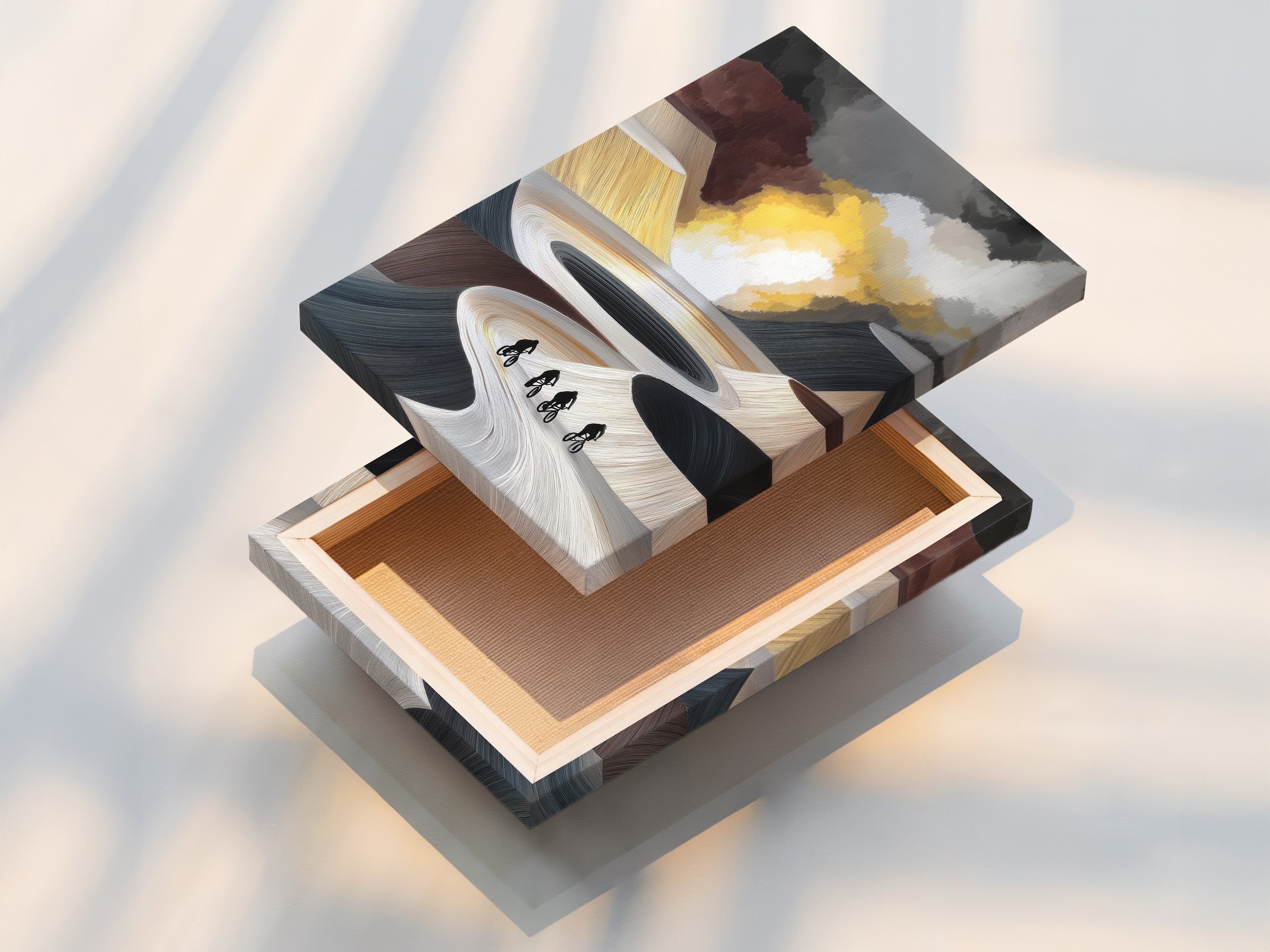 Stretched canvas print featuring cyclists abstract art. This contemporary piece suits modern interiors. Neutral tones complement minimalist wall decor. Ideal for living room wall art or office wall art.