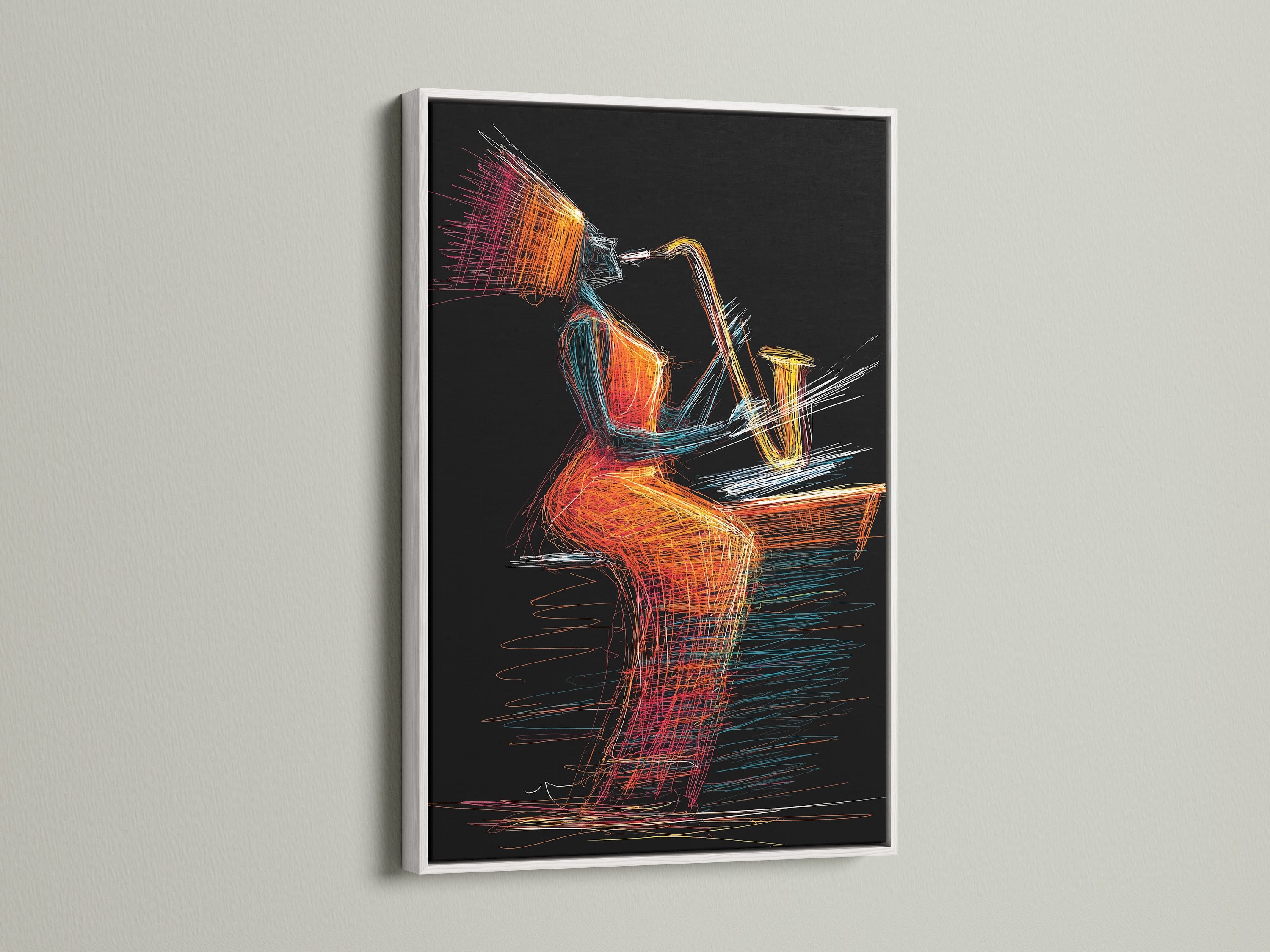 Abstract music wall art showcasing a jazz saxophone player in a white frame. The vibrant art print brings contemporary style to your music room. This musician art print is ideal for modern wall decor.