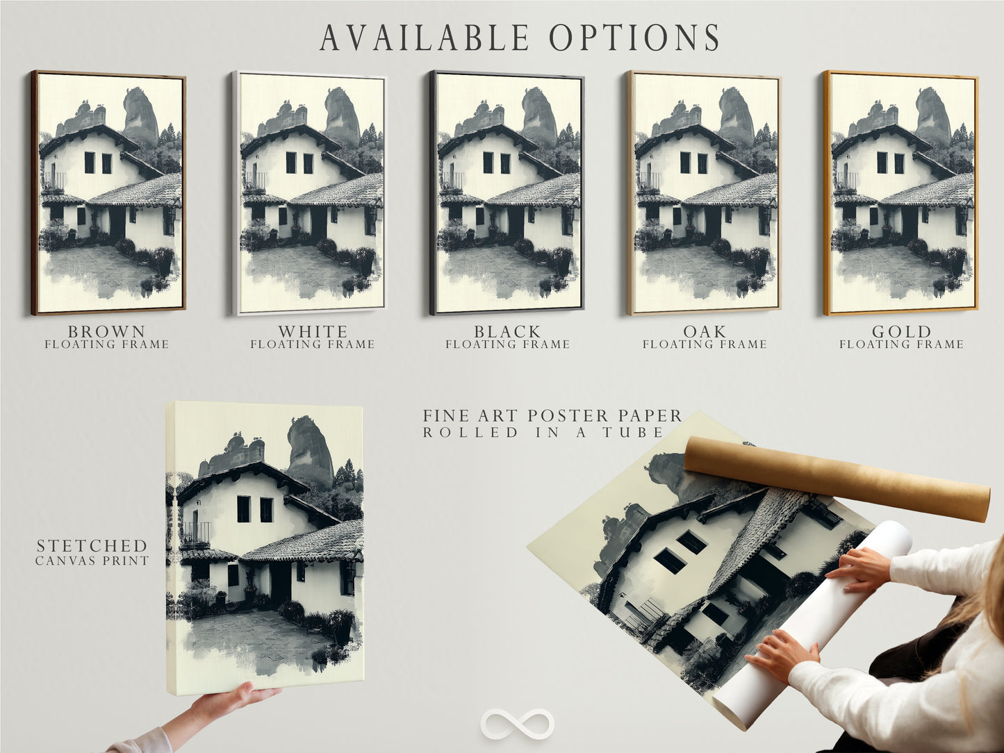 Available options include stretched canvas print fine art poster paper and floating frame. Select the best format for your monochrome Hacienda artwork. Customize your piece to match your decor. Enjoy rustic Southwestern elegance.