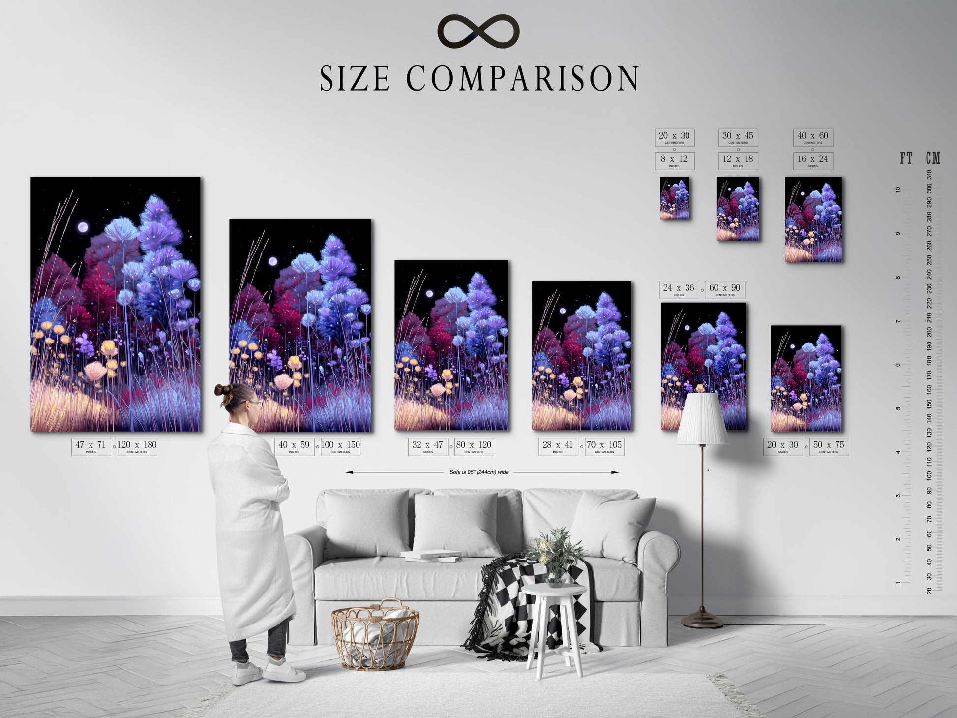 A size comparison chart showcases the Floral Night artwork in an interior setting. Visualize the ideal fit for your space. The indigo and violet wall art complements modern decor. Perfect for homeowners renters and interior lovers.