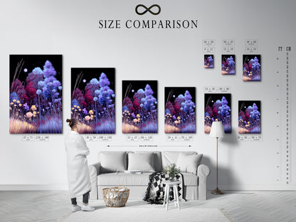 A size comparison chart showcases the Floral Night artwork in an interior setting. Visualize the ideal fit for your space. The indigo and violet wall art complements modern decor. Perfect for homeowners renters and interior lovers.