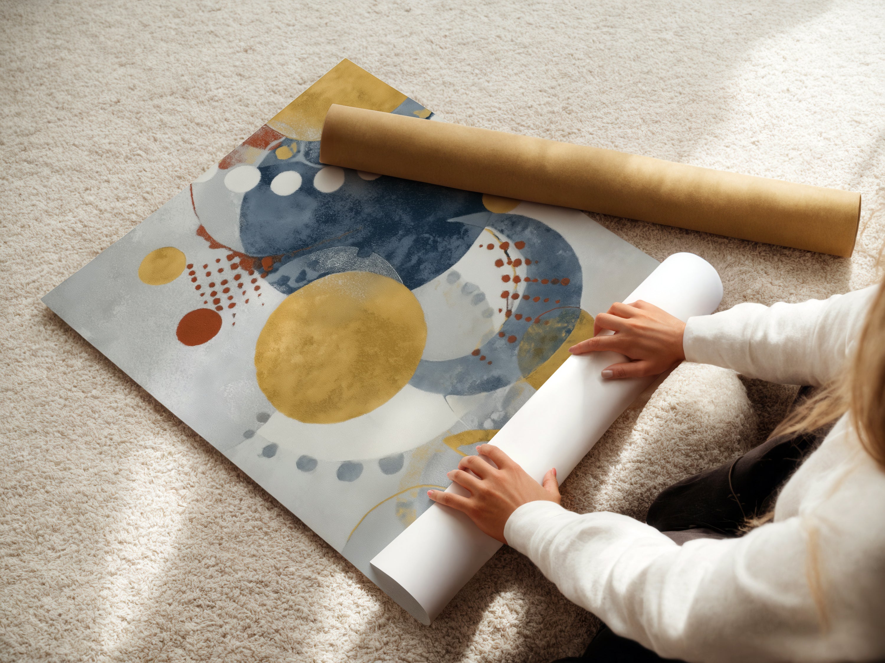 A woman carefully rolls fine art poster paper. Preparing modern abstract artwork for display. The blue and gold circle artwork will enhance any living room bedroom or office space.