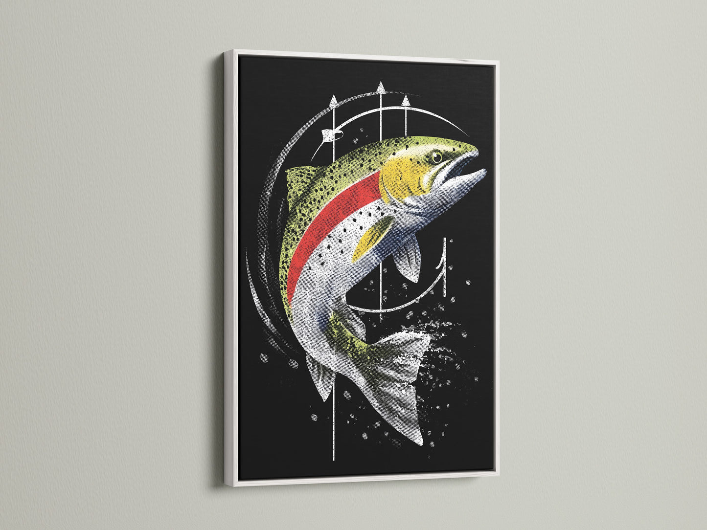 This Trout Canvas Print is displayed in a white frame. The print offers a clean modern look. This fish wall artwork enhances any room's aesthetic. Perfect for cabin wall decor. It brings a fresh feel to lake house art.