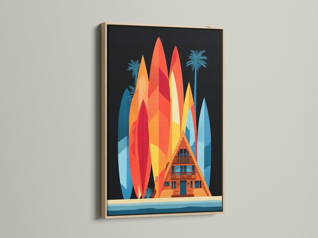 A-Frame house artwork in an oak frame. This coastal art print adds retro flair to any room. The vibrant surfboard artwork enhances beach wall decor. It is ideal for a vacation home or tiki wall art setting.