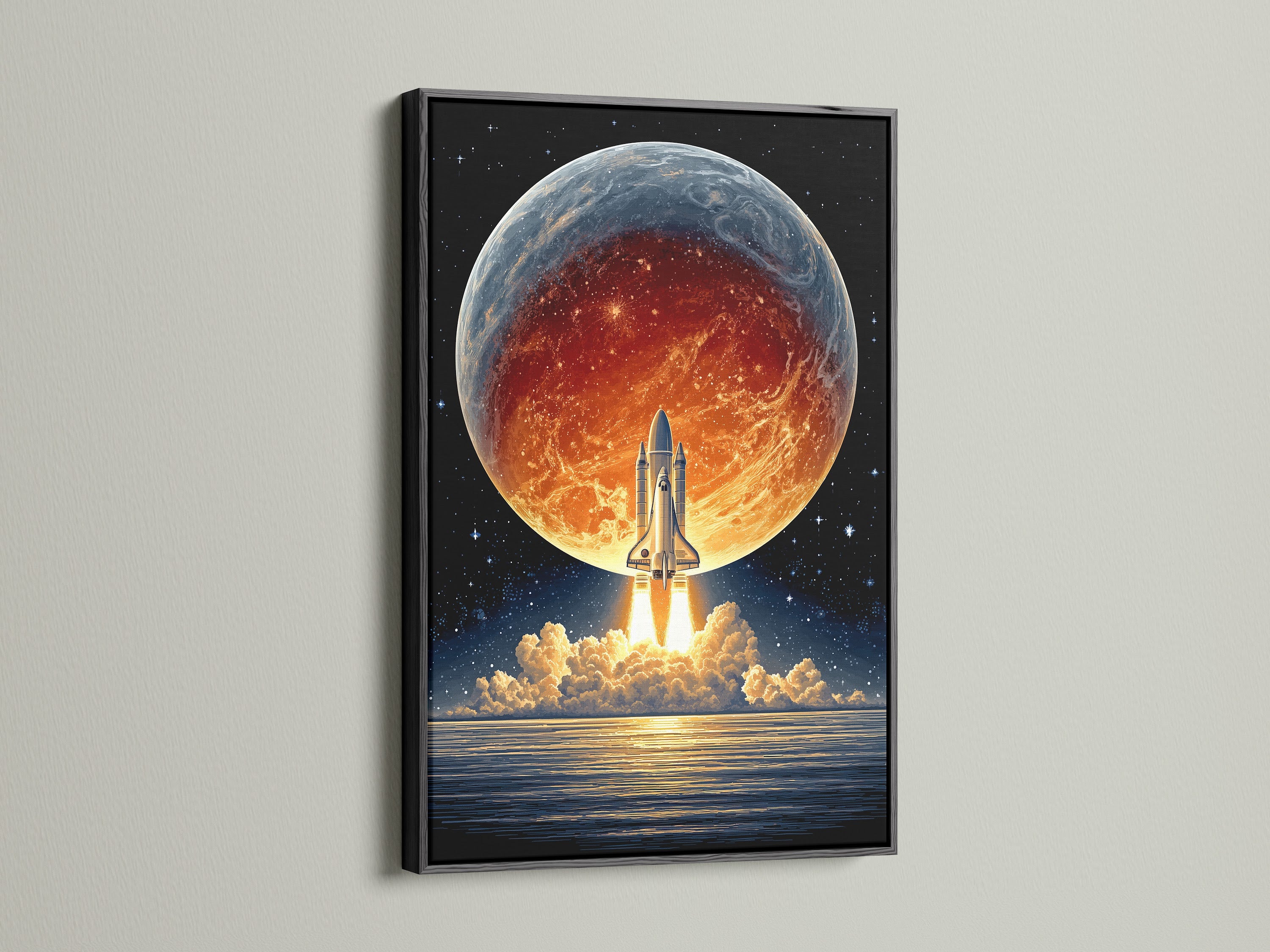 A bold black frame highlights this space shuttle launch artwork. The planet Earth and rocket ship print create a stunning visual. Ideal as office art this piece brings a modern touch. The retro sci-fi wall art is perfect for adding cosmic wall art to your decor.