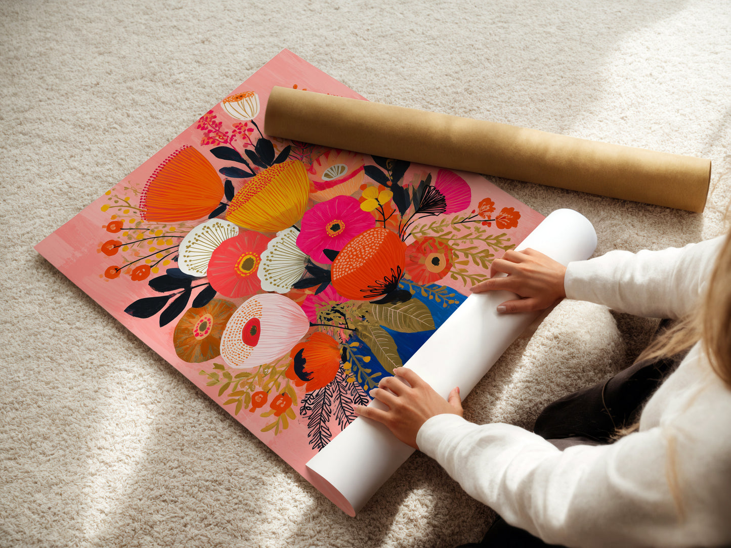 Impression d'art floral vibrant - Décor mural botanique coloré, Poster bouquet de fleurs moderne, Décoration rose et bleu pour la maison, Art du salon