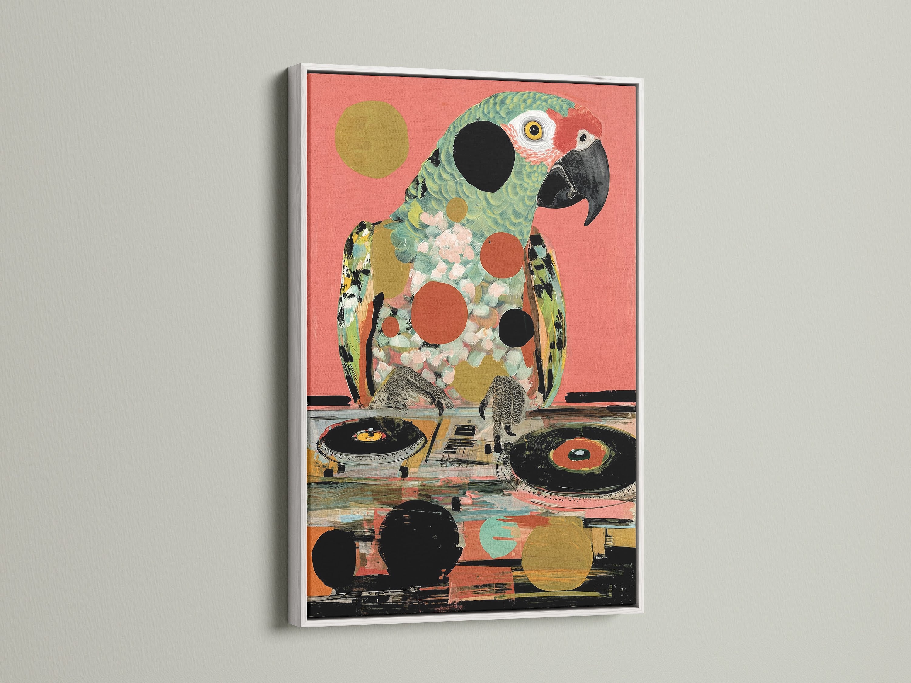 The Parrot DJ art print is presented in a white frame. This tropical bird art will brighten any space. A white frame offers a clean modern look for this turntable art. See how this colorful parrot art pops. Ideal for music room decor.