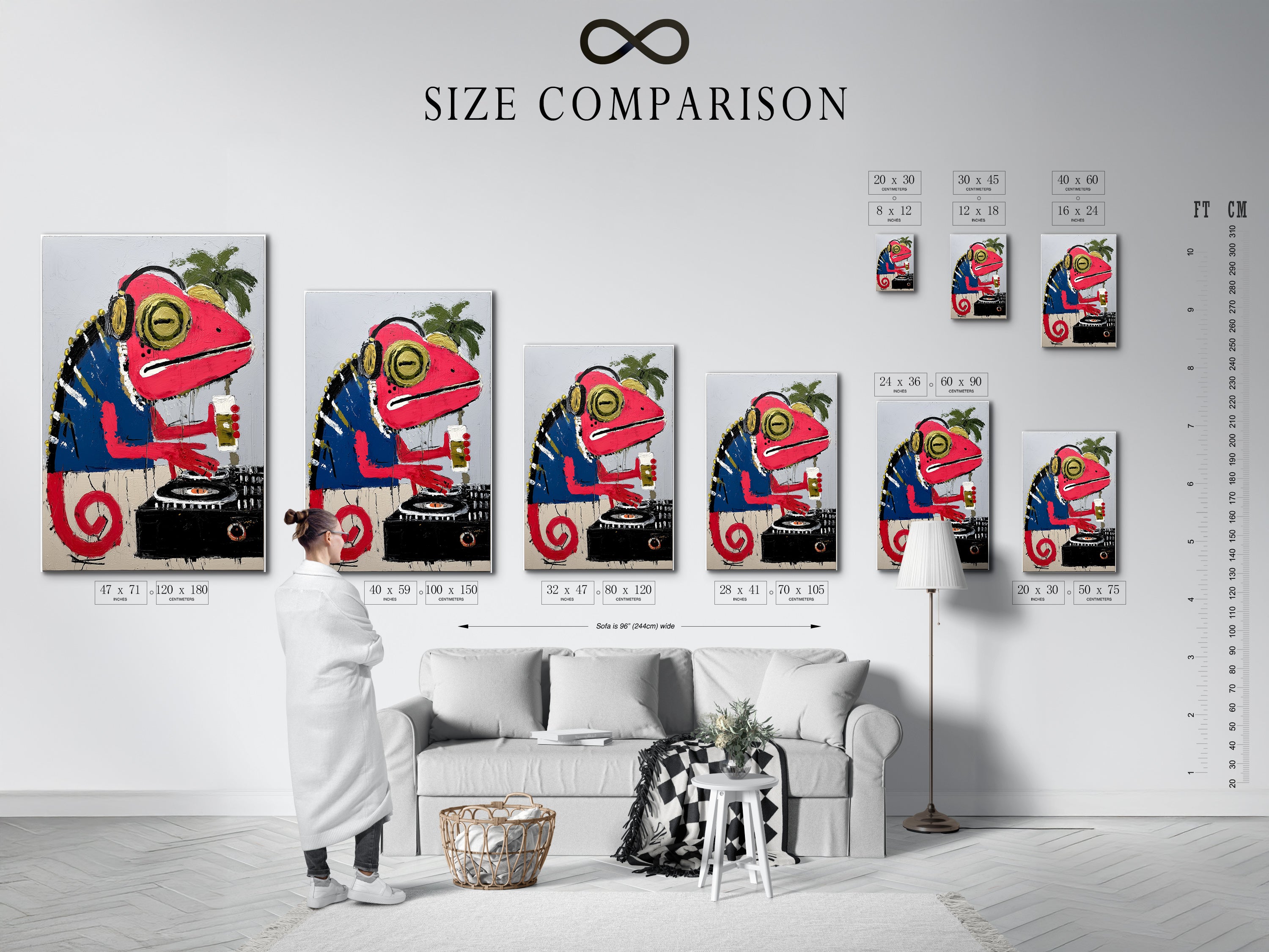 Size comparison chart of the Iguana DJ artwork in an interior setting. Visualize the perfect size for your space. See how this artwork fits into different rooms. Plan your wall decor.