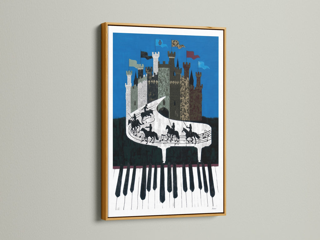 The Piano Castle artwork is presented in a gold frame. The artwork shows a castle on a piano keyboard. Knights are riding across the keys. The gold frame adds a touch of elegance and luxury. Ideal for art collectors and music enthusiasts.