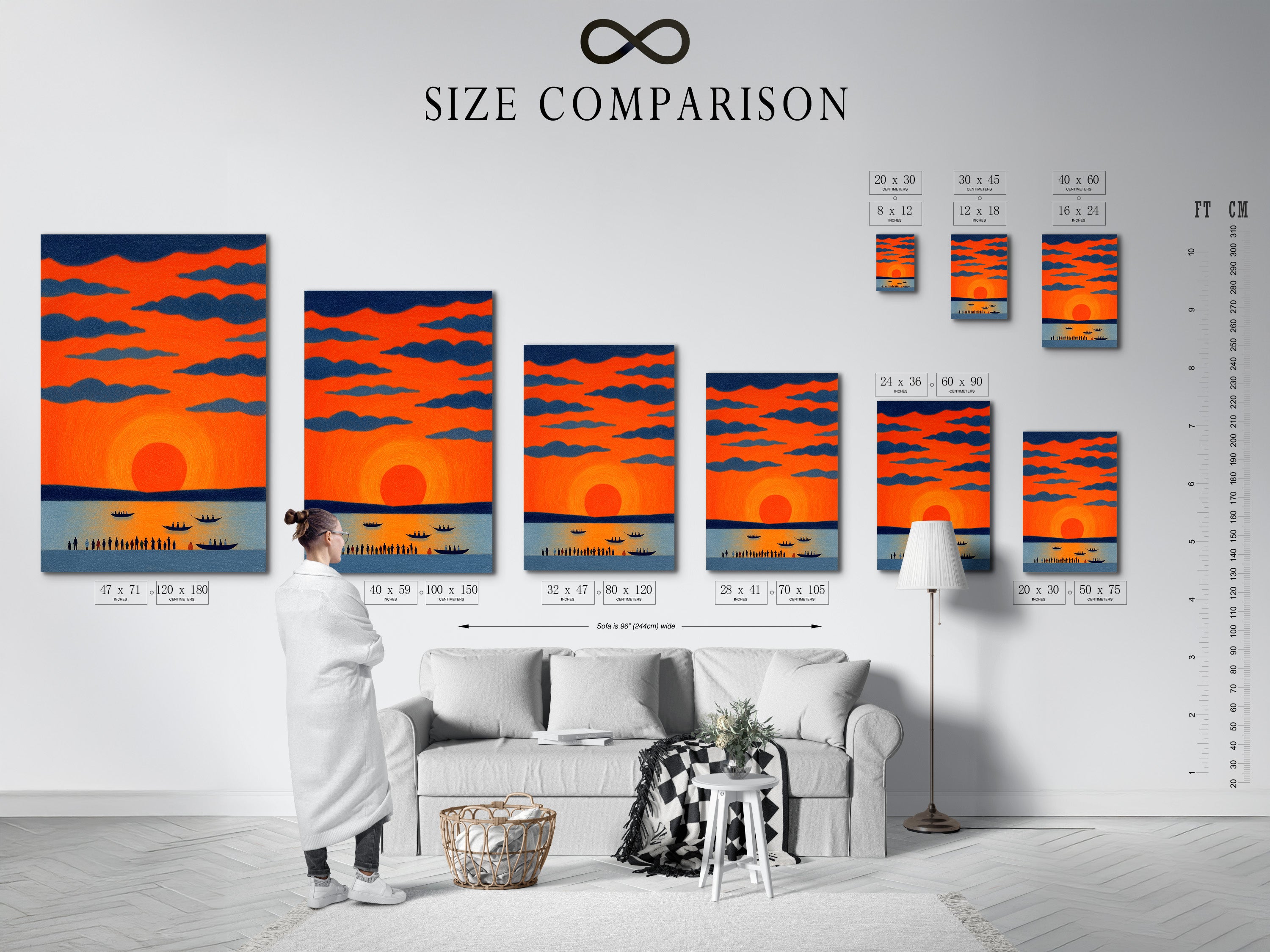 A size comparison chart is displayed in an interior setting. See how the sunset seascape artwork fits your space. Choose the perfect size for your coastal art print. Ideal for homeowners and interior decorators seeking elevated wall decor.