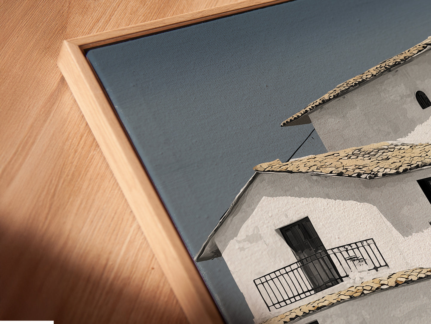 Close-up of a canvas print in a floating frame showcasing Mediterranean house artwork. The minimalist white building art enhances any space. Perfect for coastal wall art enthusiasts. Discover the beauty of our architecture print. Shop now for unique art.