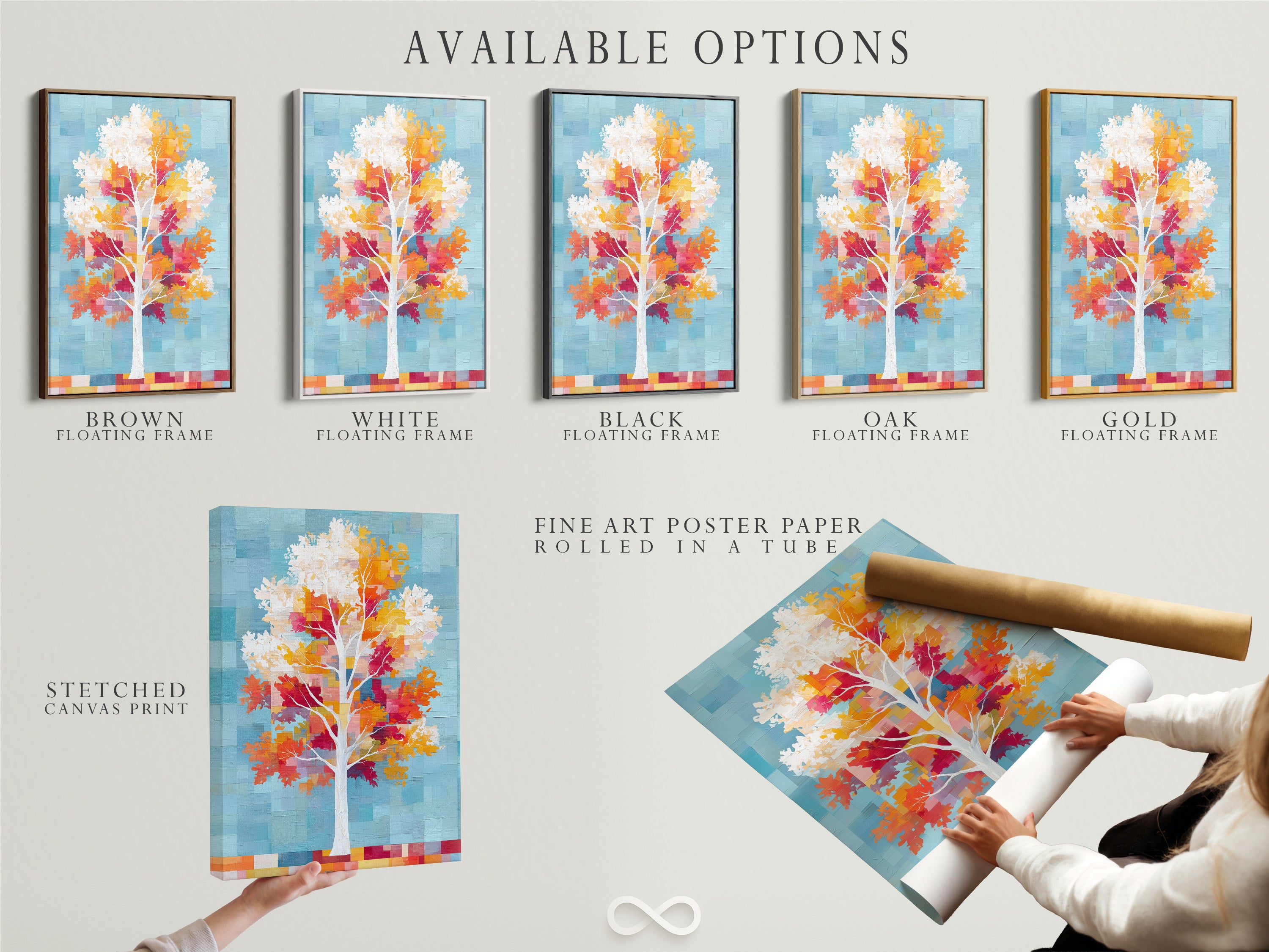Explore available options for the colorful tree artwork. Choose from a stretched canvas print. Opt for fine art poster paper. Consider a floating frame to complete the look. Find the perfect format for your autumn leaves canvas wall art today.
