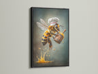 Chef Bee artwork presented in a black frame. This kitchen wall art features a bee canvas print. It is ideal for adding a quirky touch to your dining room or restaurant. This honey bee decor is perfect for country and farmhouse styles.