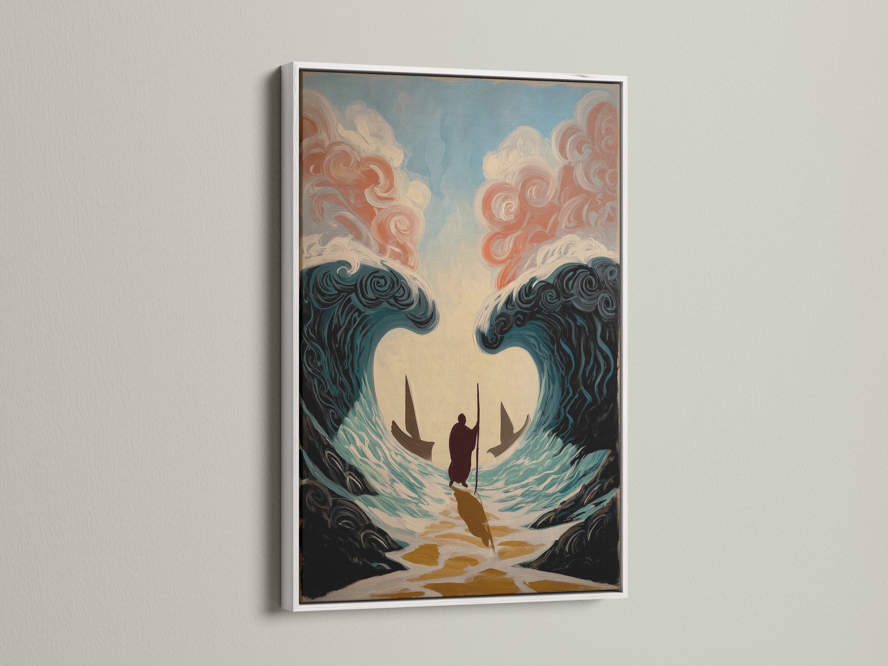 This is a white frame. The frame offers a clean modern look. The artwork is displayed on a white wall with natural light. This frame brings a fresh touch. Perfect for contemporary spaces. Showcase your art with this stylish frame.