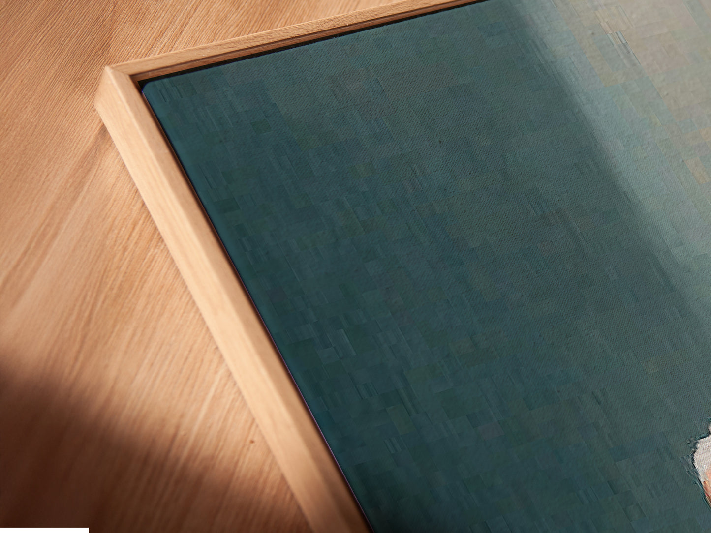 Angled close up of a canvas print in a floating frame. View the texture and detail of our rustic man with guitar artwork. It is perfect for adding vintage style to any room today