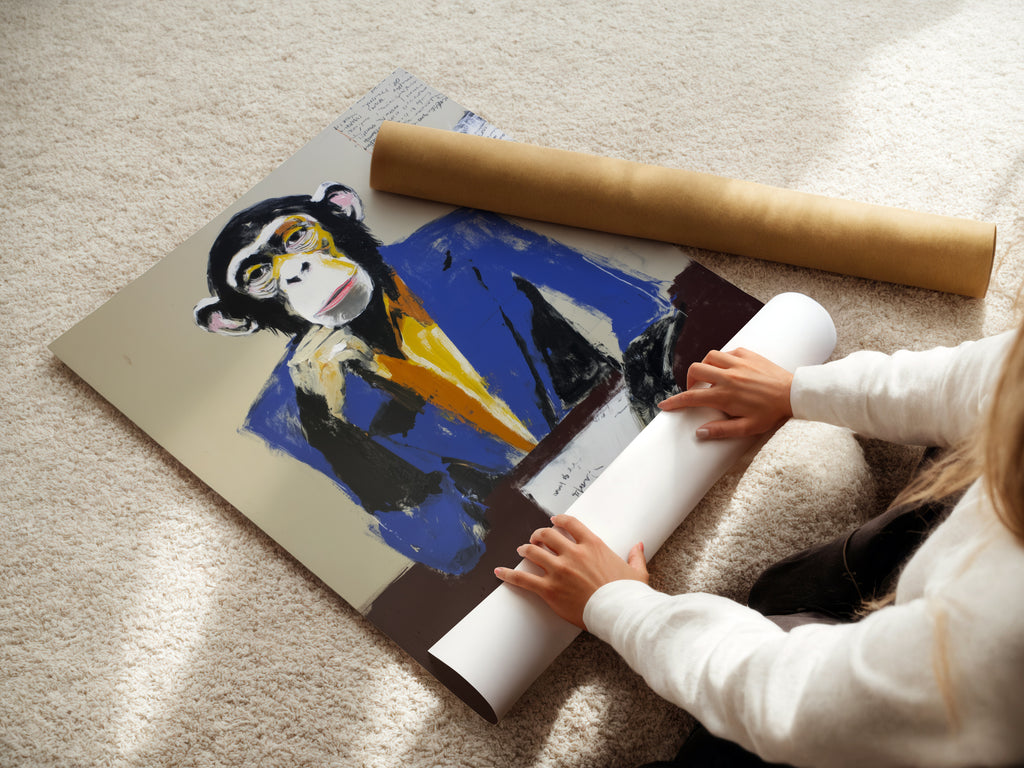 A woman is carefully rolling a fine art poster paper. This highlights the attention to detail in preparing the business monkey artwork. The fine art poster paper ensures a high quality print. It captures the essence of this contemporary animal art.