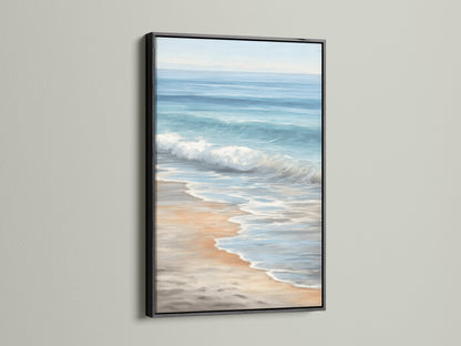 Seascape artwork with a black frame. This ocean canvas adds a modern touch to any space. Ideal for bathroom wall decor or coastal office art. The beach decor brings a sense of tranquility. A perfect coastal painting.