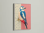 The Woodpecker art is framed in a clean white frame. This avian artwork brings a fresh modern look. The pink and blue illustration complements any room. It will enhance your home office or living room wall decor.
