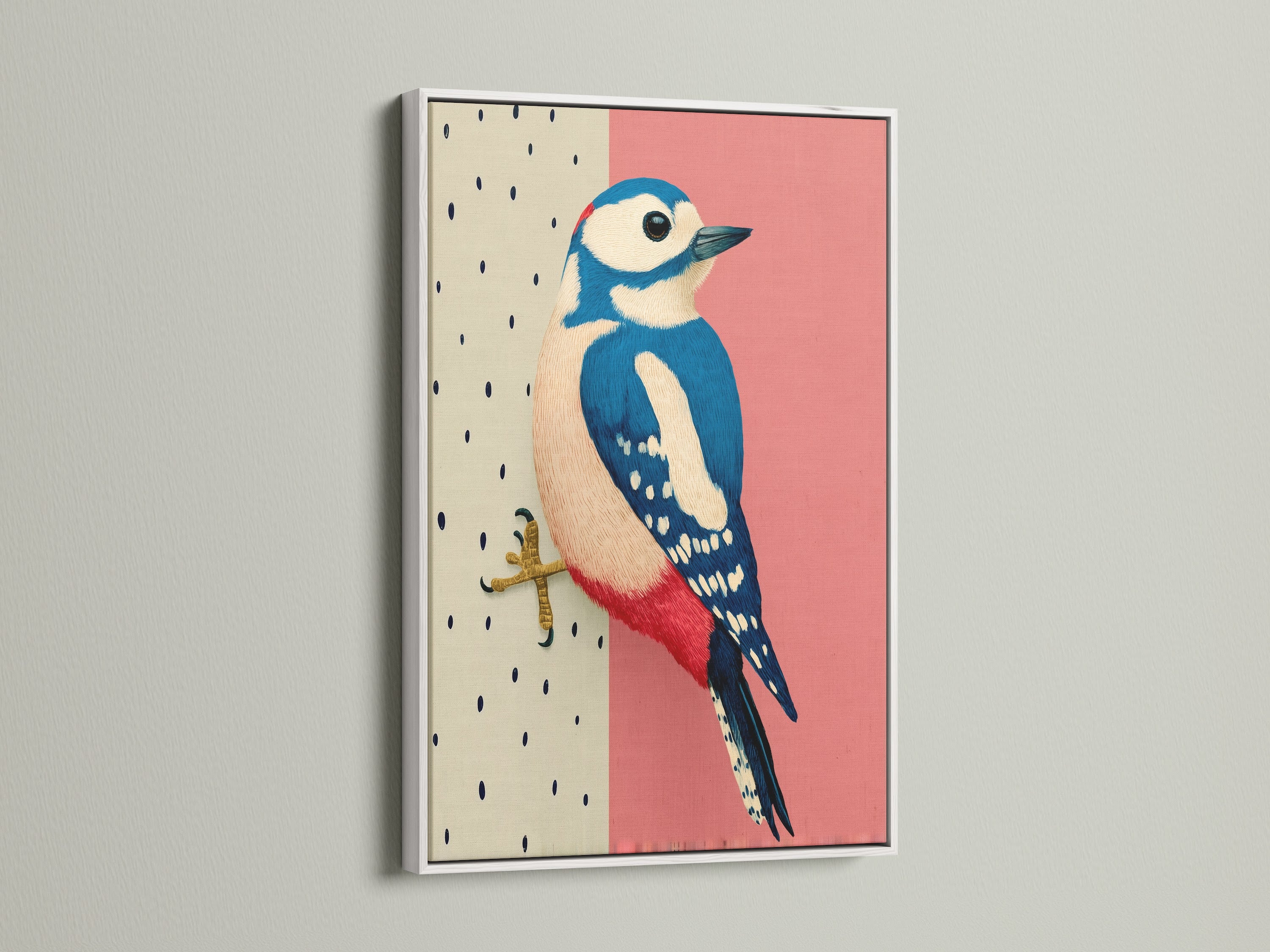The Woodpecker art is framed in a clean white frame. This avian artwork brings a fresh modern look. The pink and blue illustration complements any room. It will enhance your home office or living room wall decor.