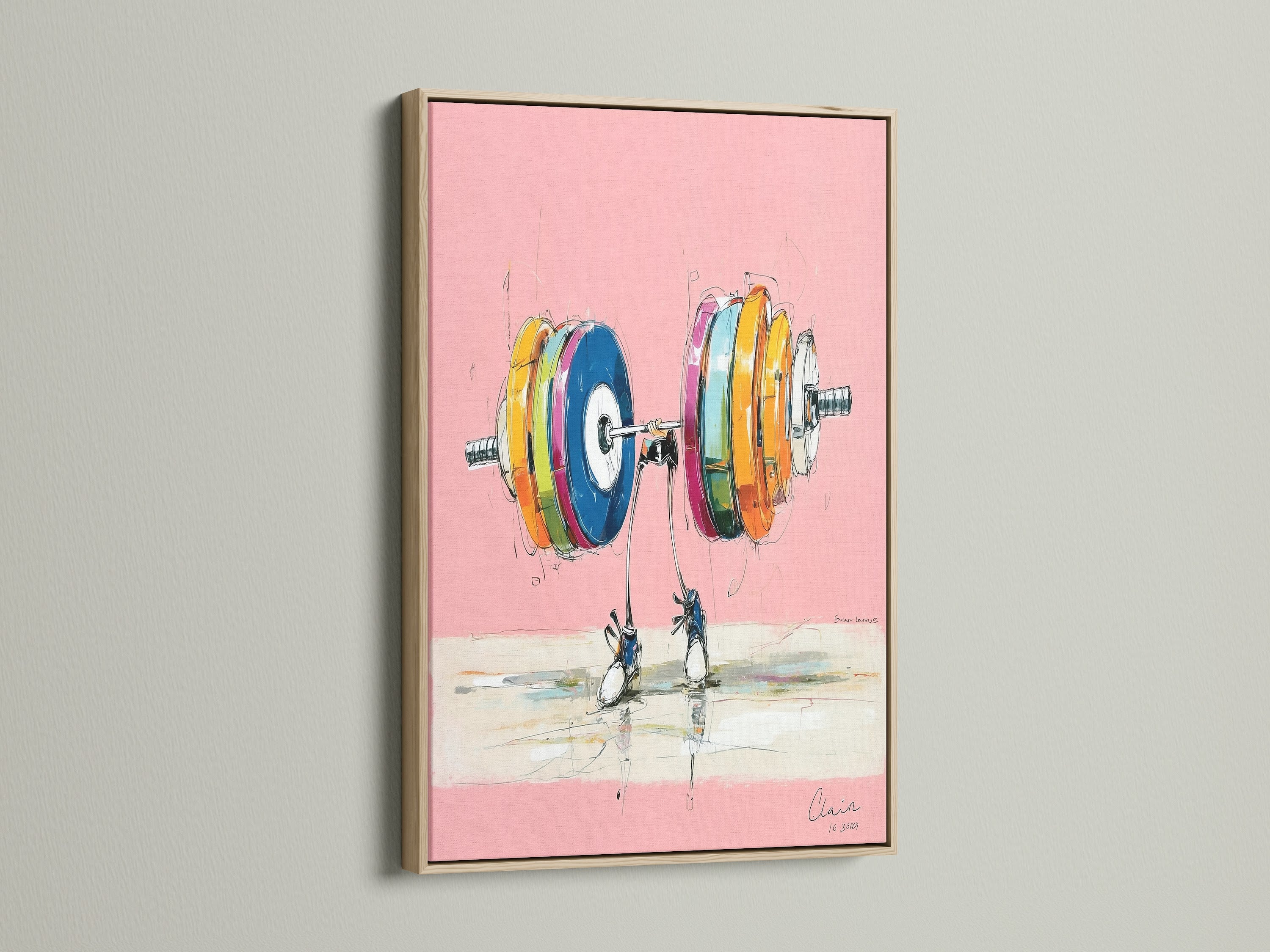 Weightlifting Art in an Oak Frame. This gym wall decor is a fitness canvas. The abstract print adds a colorful touch to any space. It's ideal for home gym art. Enhance your exercise decor with this weight training artwork