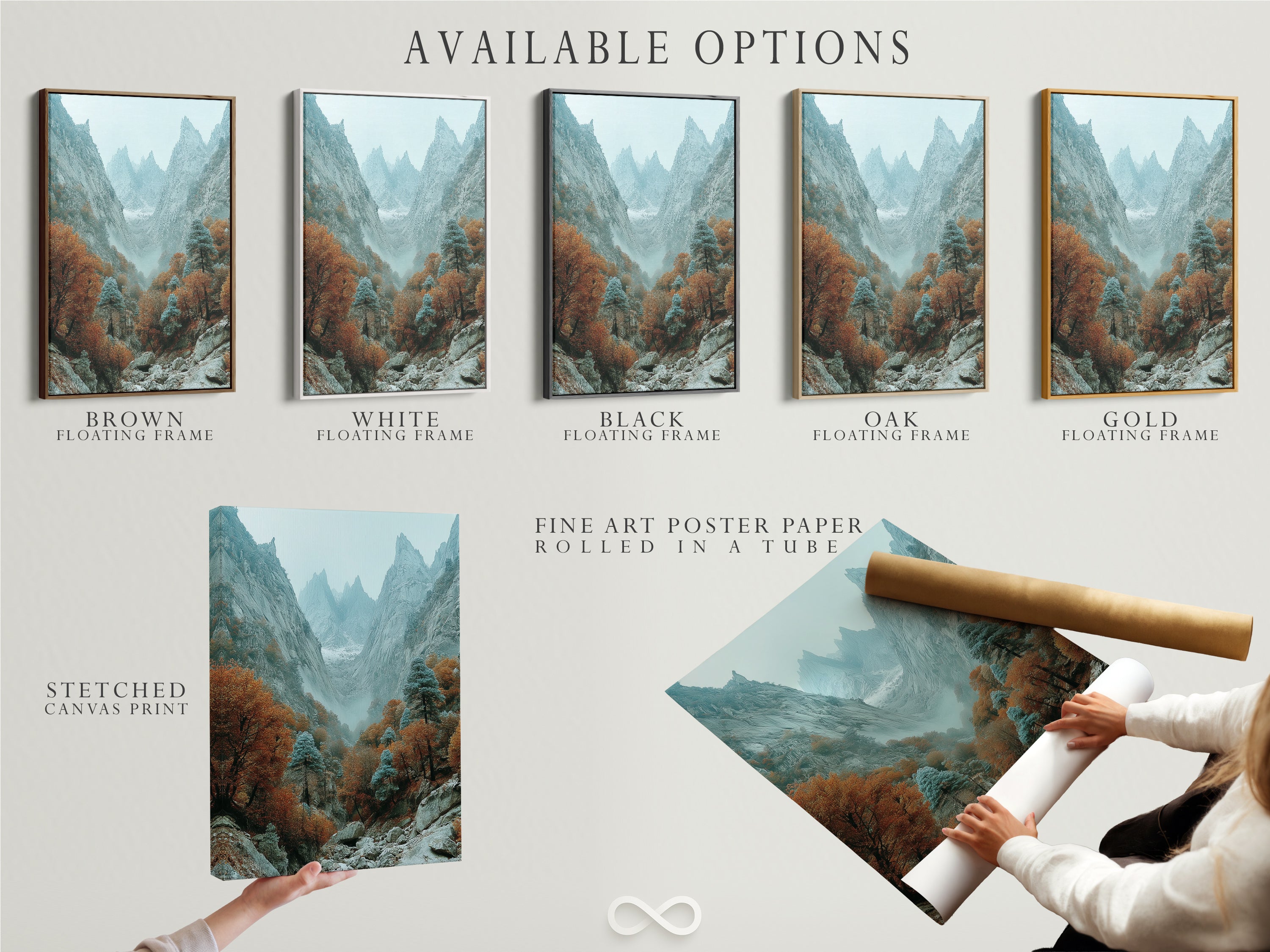 Available options for mountain valley artwork including stretched canvas print fine art poster paper and floating frame. Customize your autumn landscape to match your style and decor preferences. Enjoy nature photography at its best.