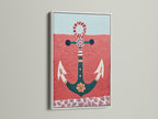 White frame highlights the anchor artwork's vibrant colors. This nautical decor brings a coastal touch. The sea print creates a relaxing beach house atmosphere. Red and teal artwork adds a pop of color. This ocean canvas is ideal for vacation homes and seaside decor. A perfect nautical print.