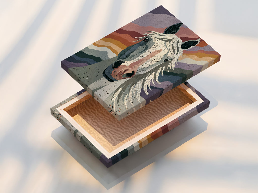 Stretched canvas print of a colorful horse portrait. Ready to hang and enjoy. This boho western wall art is perfect for adding a touch of rustic charm to your home. Ideal for living rooms bedrooms or any space in need of a pop of color.