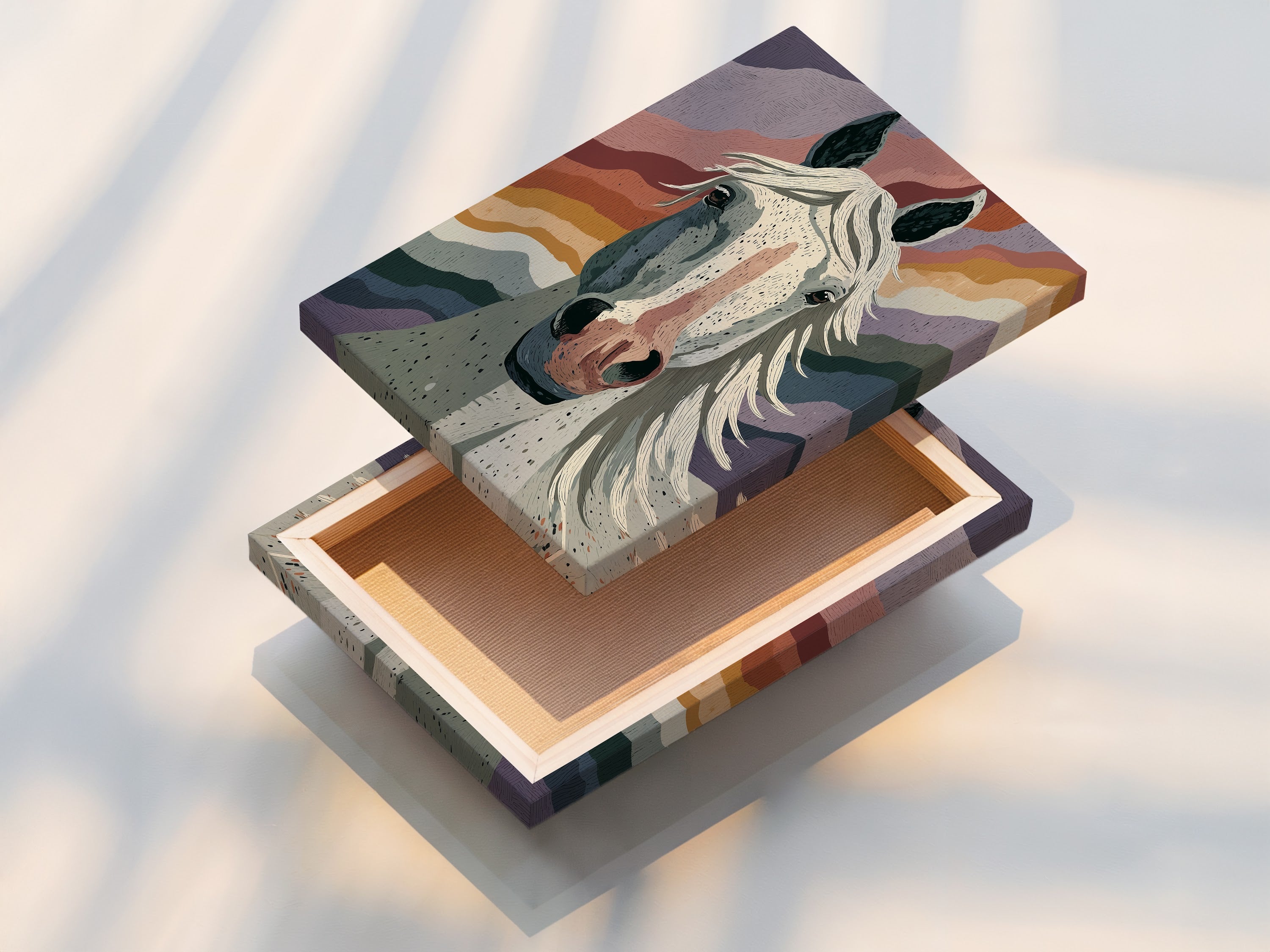 Stretched canvas print of a colorful horse portrait. Ready to hang and enjoy. This boho western wall art is perfect for adding a touch of rustic charm to your home. Ideal for living rooms bedrooms or any space in need of a pop of color.