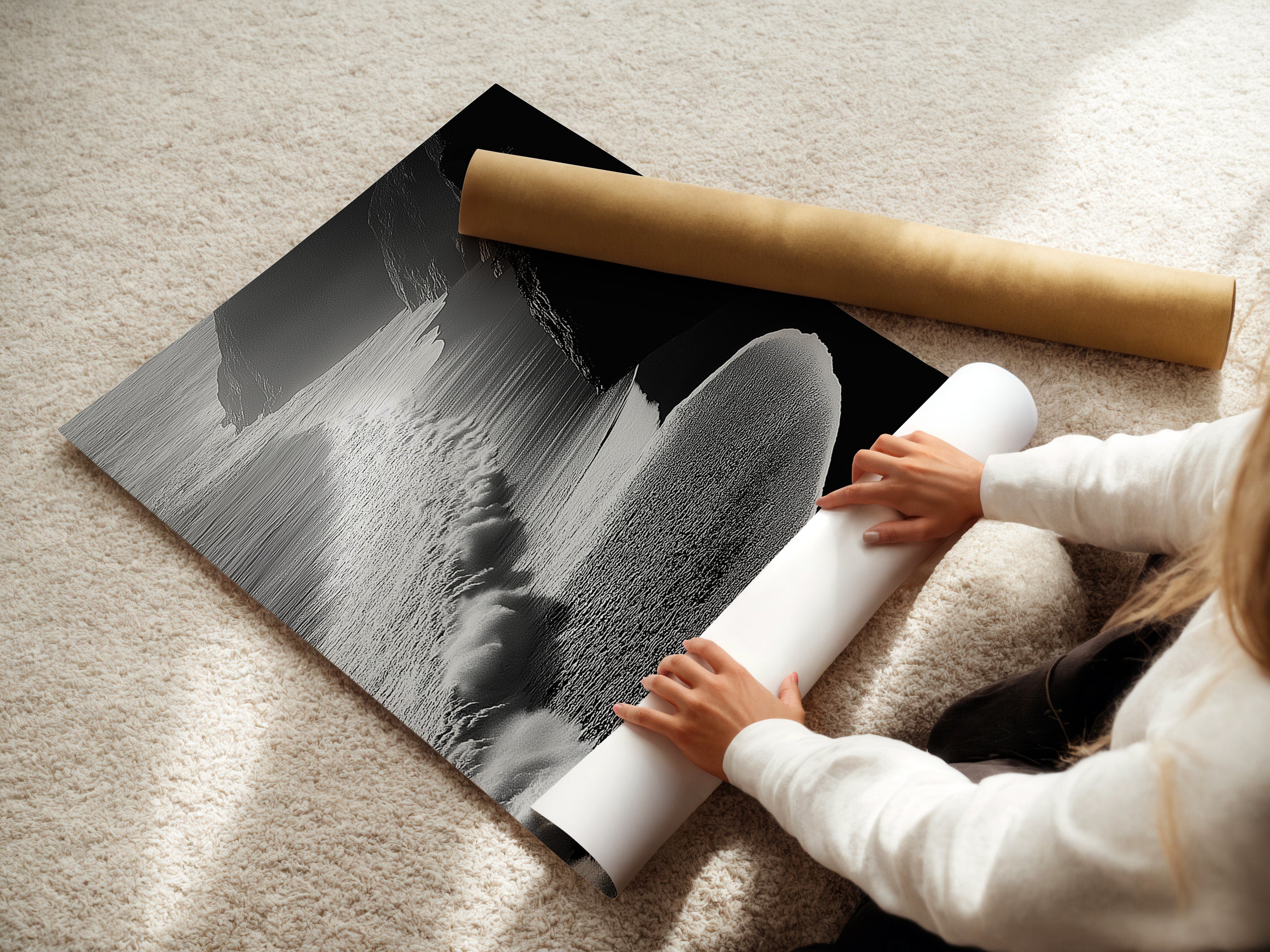 A woman is carefully rolling a fine art poster paper. The black and white ocean waves artwork is being prepared. The poster paper ensures a high-quality print. Perfect for homeowners and interior decorators. This aerial beach print is ideal for modern coastal decor. The fine art paper enhances the artwork's detail. It's a great choice for any living space.