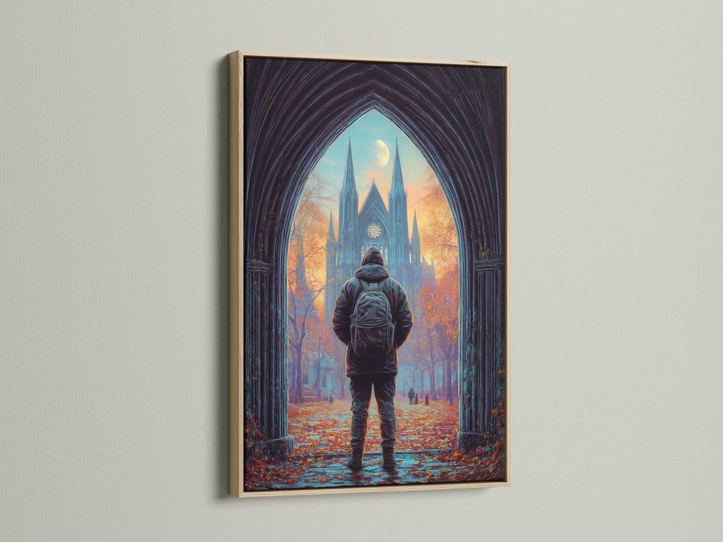 Discover artwork framed in oak. This cathedral print is beautifully showcased. The oak frame enhances the art. It brings warmth and character to any room. Ideal for lovers of gothic wall art. Elevate your space with this autumn landscape masterpiece.