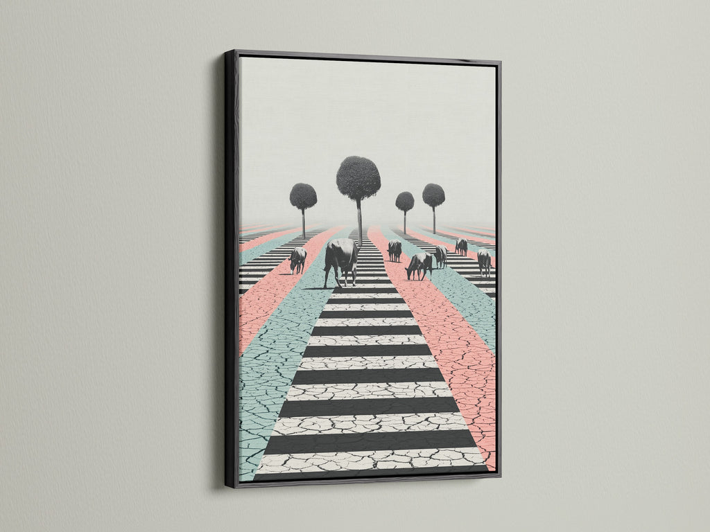 A black frame enhances a surreal cow artwork print. The artwork features a cracked zebra crossing. Pastel colors create a modern look. Find the perfect black frame to complement your contemporary wall art.