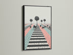 A black frame enhances a surreal cow artwork print. The artwork features a cracked zebra crossing. Pastel colors create a modern look. Find the perfect black frame to complement your contemporary wall art.