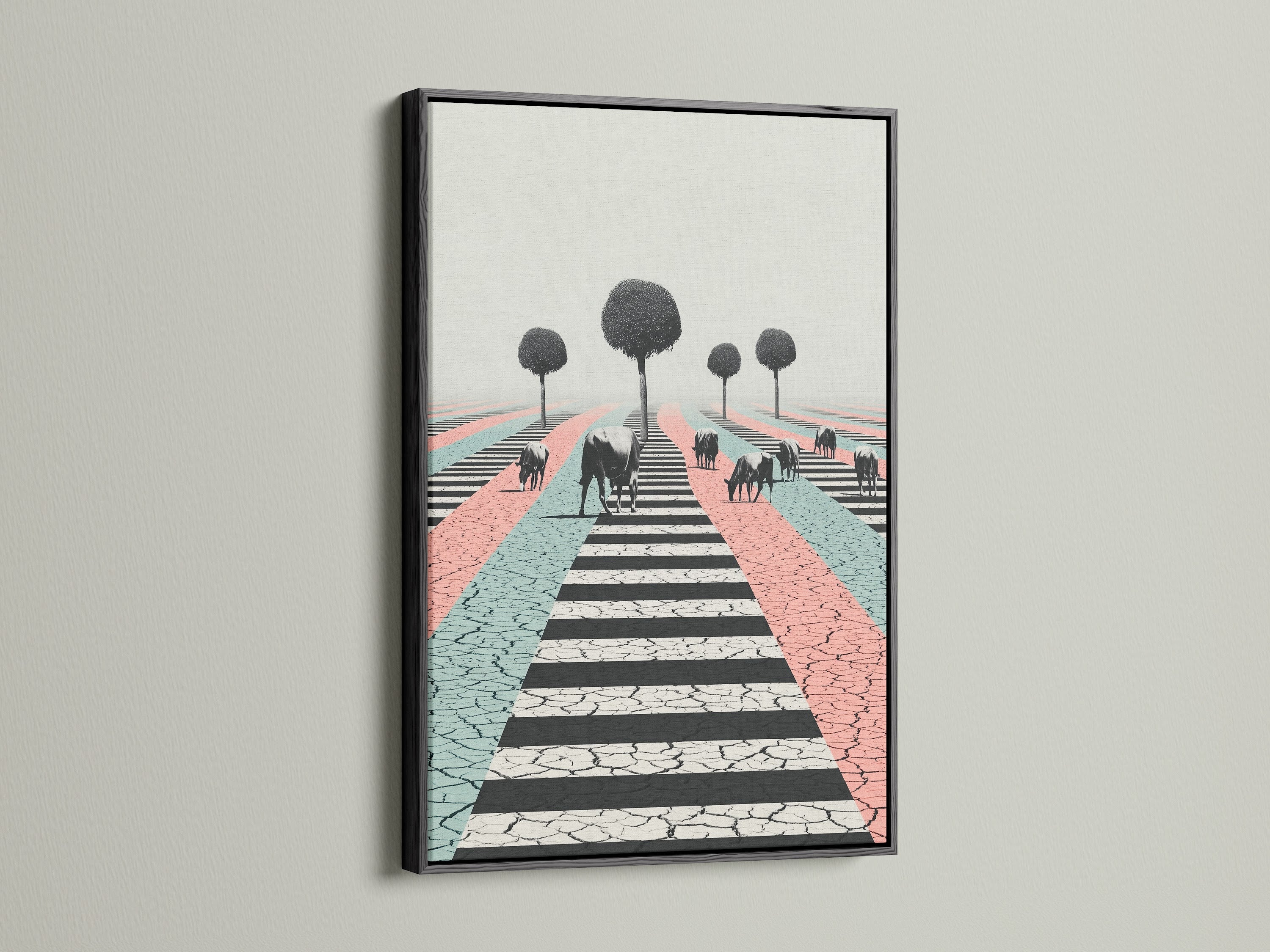 A black frame enhances a surreal cow artwork print. The artwork features a cracked zebra crossing. Pastel colors create a modern look. Find the perfect black frame to complement your contemporary wall art.