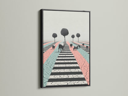 A black frame enhances a surreal cow artwork print. The artwork features a cracked zebra crossing. Pastel colors create a modern look. Find the perfect black frame to complement your contemporary wall art.
