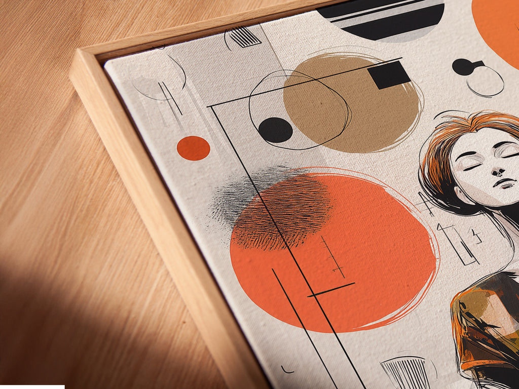 Close-up angled view of a canvas print in a floating frame. The artwork features an abstract meditation art print. The floating frame gives a sophisticated gallery-like feel. It's perfect for displaying modern artwork.