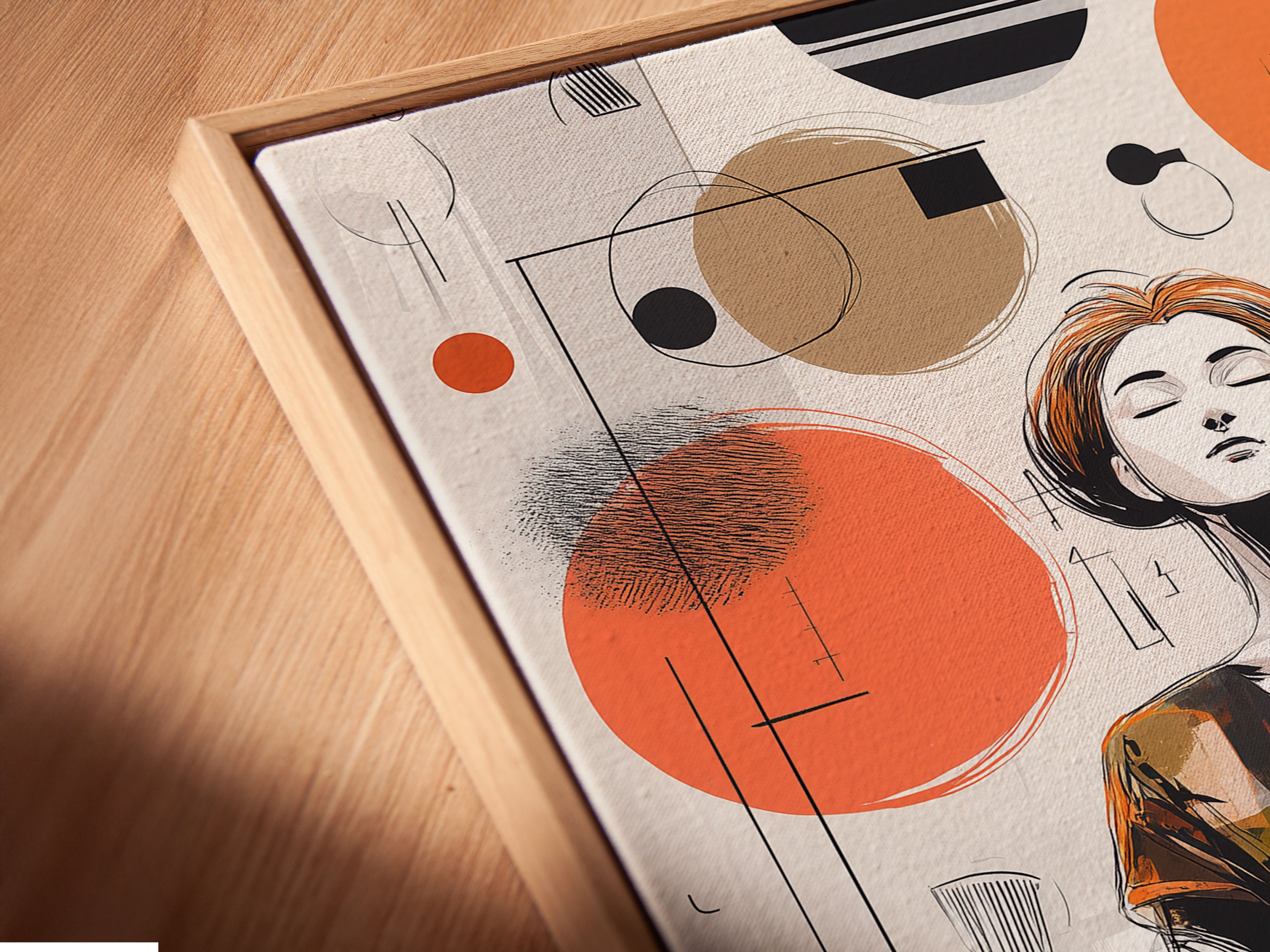 Close-up angled view of a canvas print in a floating frame. The artwork features an abstract meditation art print. The floating frame gives a sophisticated gallery-like feel. It's perfect for displaying modern artwork.