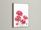 A close-up of a red floral canvas print in an oak frame. This flower wall art brings a touch of nature indoors. The botanical print is perfect for modern decor. The crimson flower art is elegantly displayed.