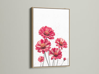 A close-up of a red floral canvas print in an oak frame. This flower wall art brings a touch of nature indoors. The botanical print is perfect for modern decor. The crimson flower art is elegantly displayed.