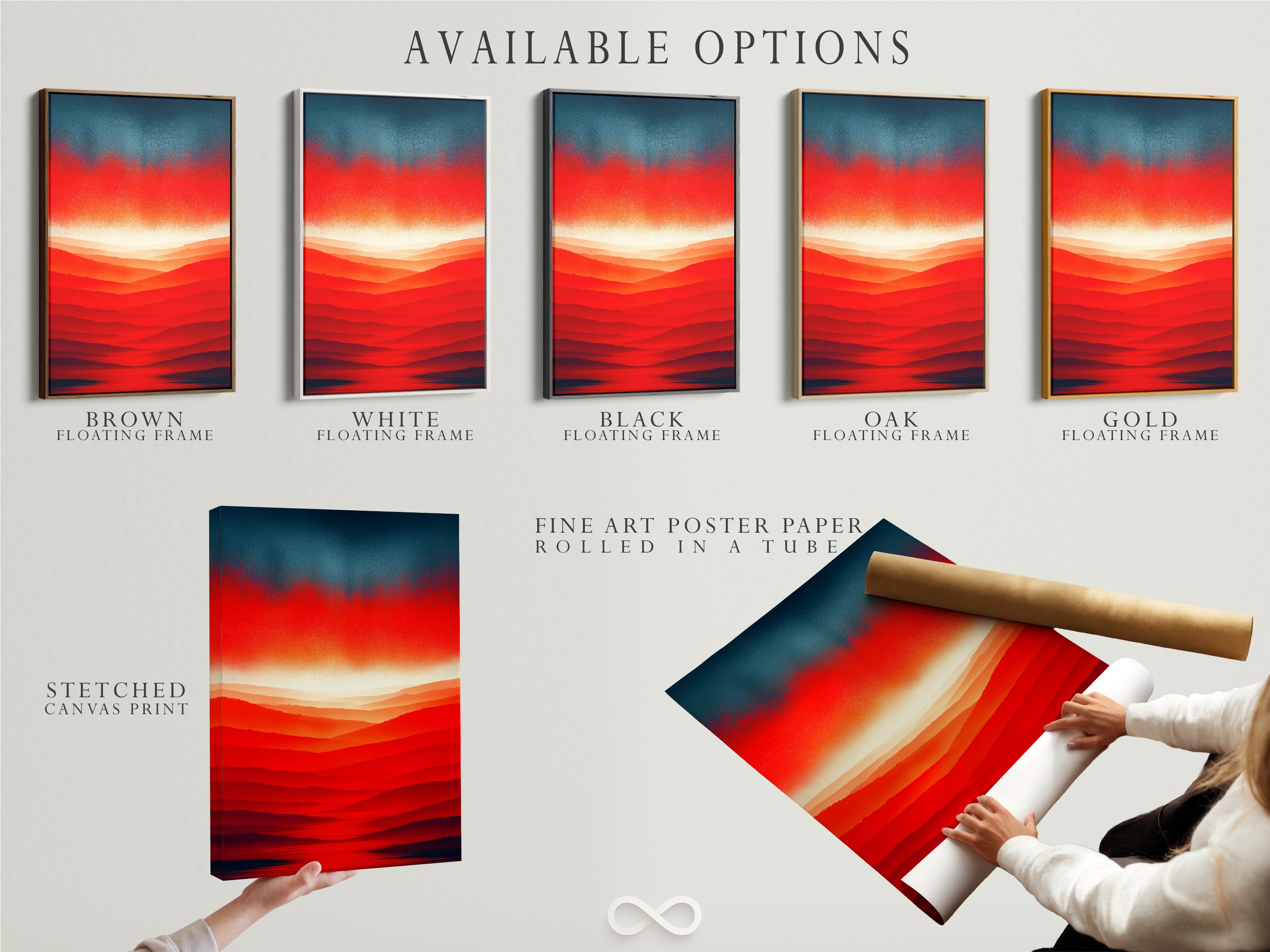Available options for the abstract sunset artwork are shown. Choose from a stretched canvas print fine art poster paper or a floating frame. The red orange mountain landscape adds modern style.
