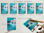 Available options for this coastal village artwork are showcased. Choose from a stretched canvas print or fine art poster paper. The option of a floating frame is also available. Customize the artwork to match your style and preferences. Explore the various ways to display this piece.